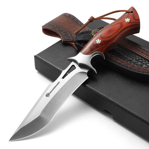 DRACHENADER 10.24" M390 Knives Hunting Knife Fixed Blade Knife with Leather Sheath Bushcraft Full Tang Knife Non-slip Red Coloured Wooden Handle