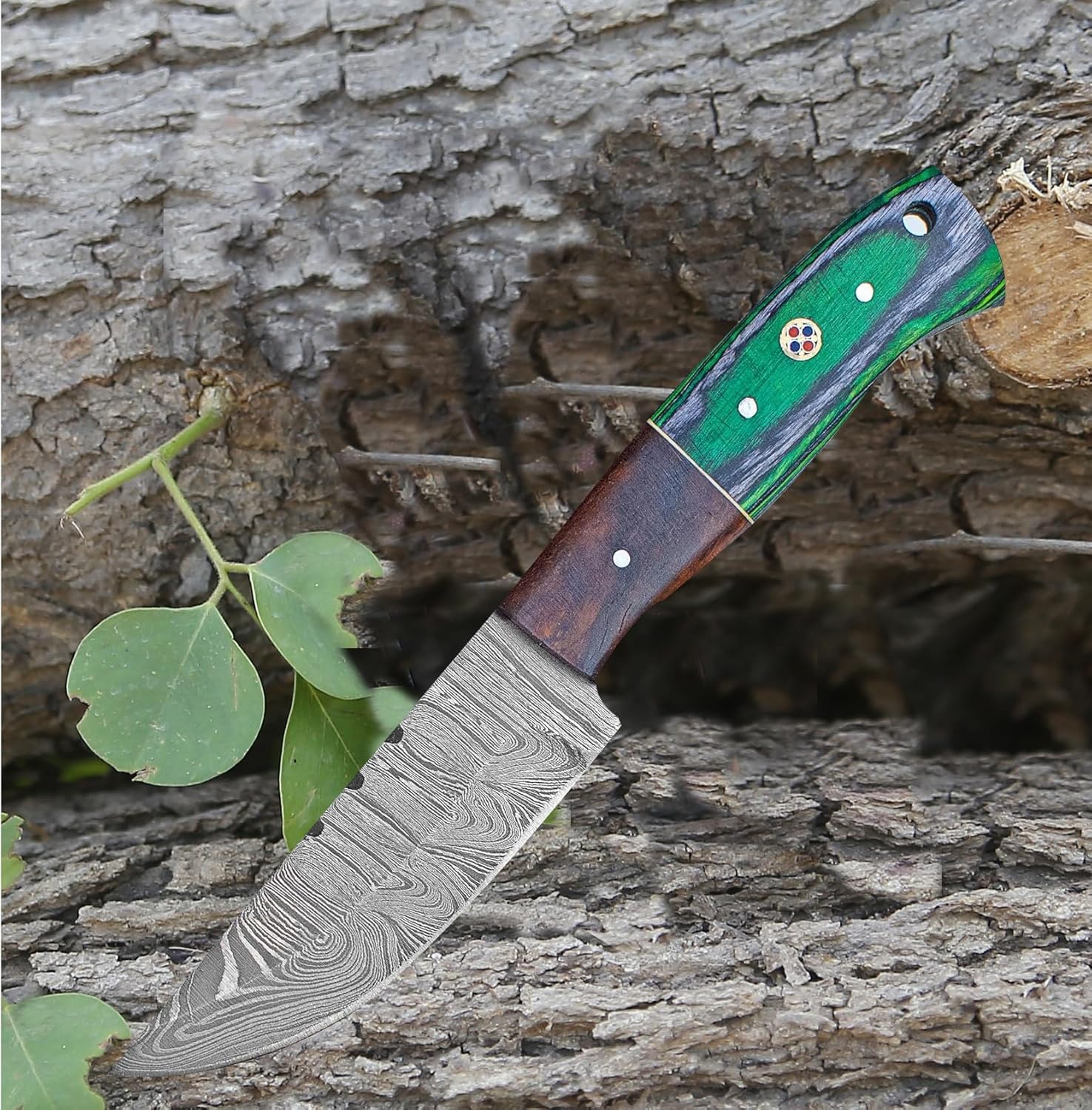 Damascus Knives for Hunting Skinning - Fixed Blade Hunting Knife with Sheath - Damascus Steel Knife with Wood Handle - 9 Inches Handmade Skinner Camping Knife (Green Handle)